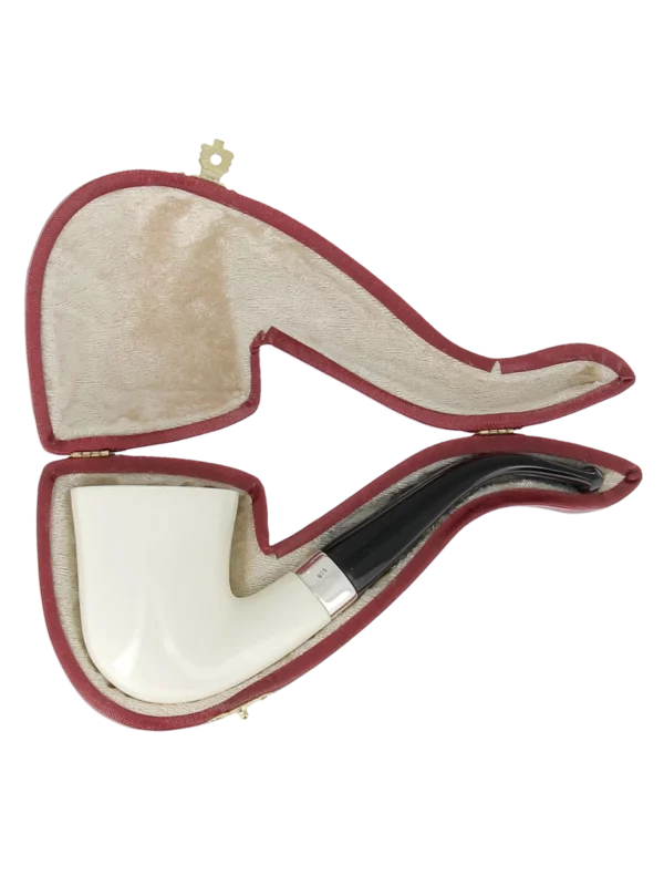 Pipe Levent écume de mer sculptée à la main – n°4 forme Dublin courbée finition polie filtre 3 mm, présentée dans sa boîte.