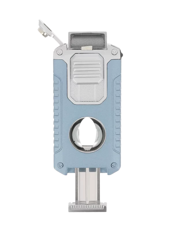 Vue arrière du briquet Mantis Omni multifonction bleu en position ouverte – accessoire premium chez A La Civette.