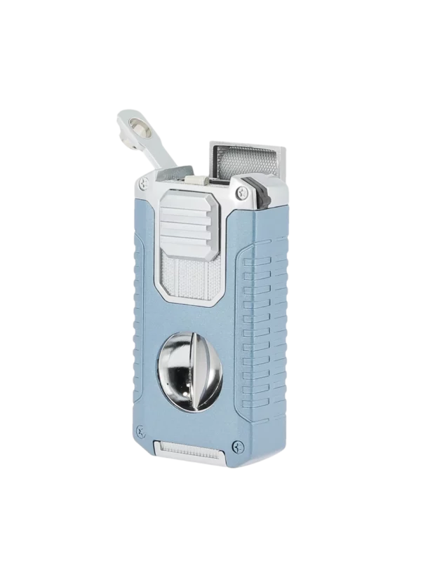 Briquet Mantis Omni multifonction bleu ouvert en trois-quarts – accessoire à cigares haut de gamme A La Civette Paris.
