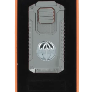 Briquet Mantis Omni multifonction gris présenté dans son coffret – accessoire à cigares haut de gamme chez A La Civette Paris.