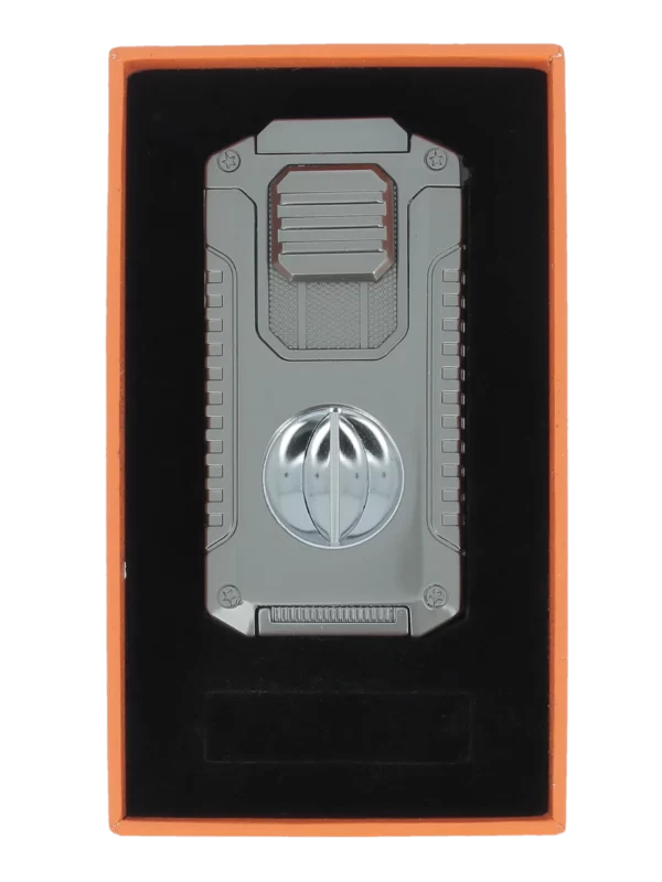 Briquet Mantis Omni multifonction gris présenté dans son coffret – accessoire à cigares haut de gamme chez A La Civette Paris.