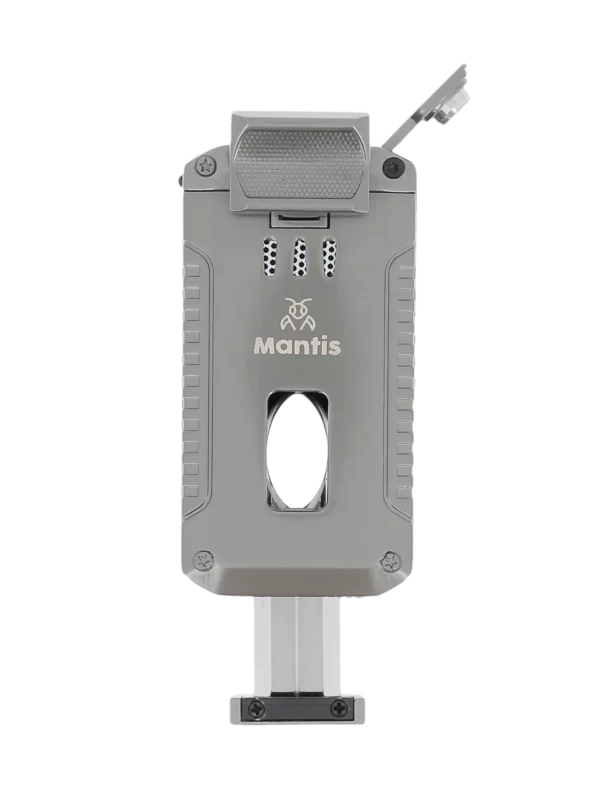 Face avant du briquet Mantis Omni multifonction gris en position ouverte – accessoire haut de gamme chez A La Civette.