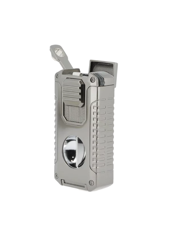 Briquet Mantis Omni multifonction gris en vue trois-quarts ouvert – accessoire à cigares premium chez A La Civette.