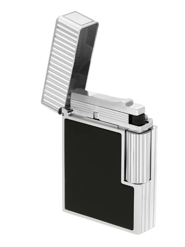 Briquet S.T. Dupont Ligne 1 laqué noir et palladium ouvert – Vue trois quarts – A La Civette Paris.
