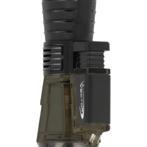 Vue trois quarts du briquet Vector Triforce smoke transparent – Accessoire à cigares chez A La Civette Paris.