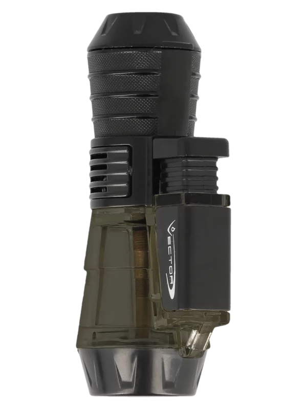 Vue trois quarts du briquet Vector Triforce smoke transparent – Accessoire à cigares chez A La Civette Paris.