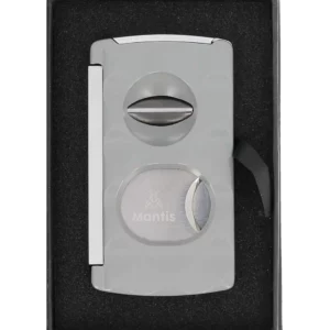 Coupe-cigare Mantis Universel gris présenté dans sa boîte – accessoire haut de gamme chez A La Civette Paris.