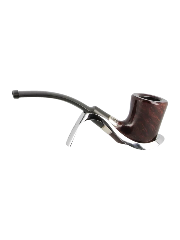 Pipe Dunhill Alexander Graham Bell 15/25, forme courbée finition brillante avec filtre 3 mm – Vue de profil inversé sur support – A La Civette Paris.