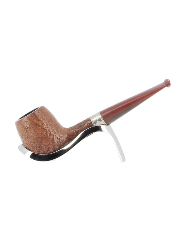 Pipe Dunhill Montgolfier 15/40 forme droite, finition sablée avec filtre 3 mm – Vue de profil sur support – A La Civette Paris.