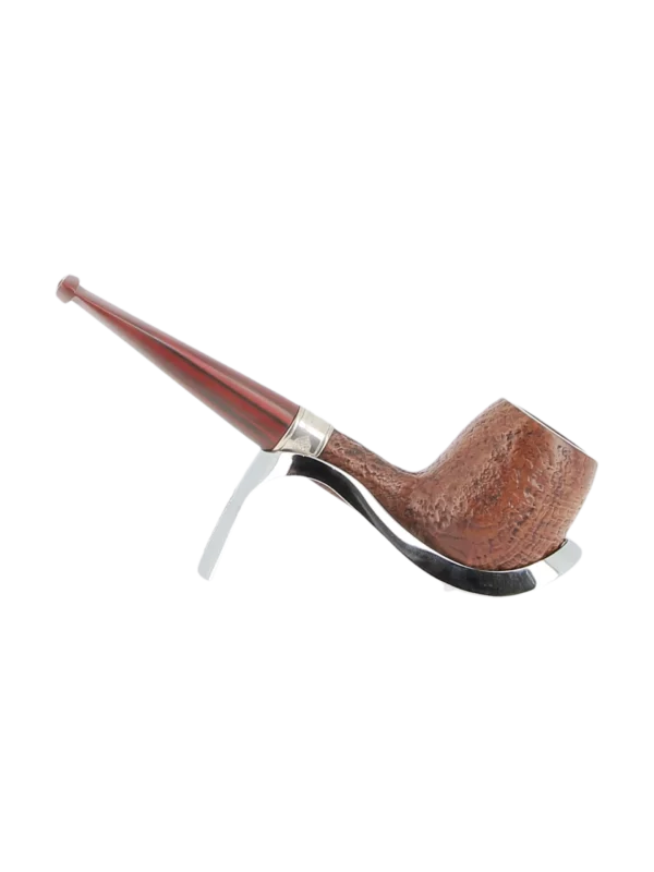 Pipe Dunhill Montgolfier 15/40 forme droite, finition sablée avec filtre 3 mm – Vue de profil inversé sur support – A La Civette Paris.