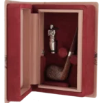 Coffret ouvert de la pipe Dunhill Houdini Cumberland 15/35 forme droite, finition sablée, filtre 3 mm – A La Civette Paris.