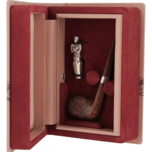 Coffret ouvert de la pipe Dunhill Houdini Cumberland 15/35 forme droite, finition sablée, filtre 3 mm – A La Civette Paris.