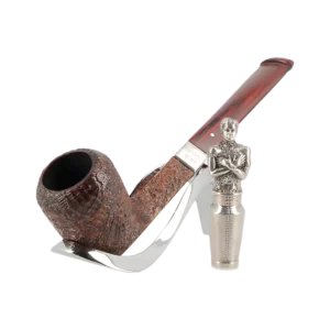 Pipe Dunhill Houdini Cumberland 15/35 forme droite, finition sablée, filtre 3 mm avec bourre-pipe – Vue trois quarts sur support – A La Civette Paris.