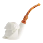 Pipe en écume de mer sculptée à la main Levent n°13 Sherlock fumé, forme courbée finition polie avec filtre 3 mm – Vue de profil – A La Civette.