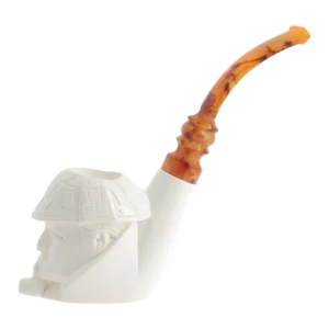 Pipe en écume de mer sculptée à la main Levent n°13 Sherlock fumé, forme courbée finition polie avec filtre 3 mm – Vue de profil – A La Civette.
