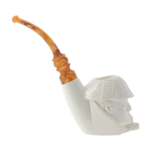 Pipe Levent écume de mer sculptée à la main n°13 Sherlock fumé, forme courbée finition polie avec filtre 3 mm – Vue de profil inversé – A La Civette Paris.