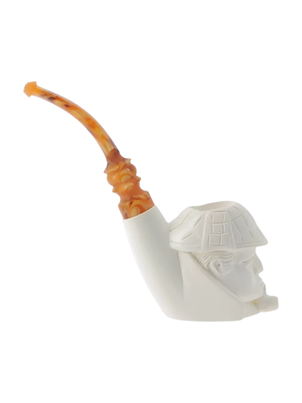 Pipe Levent écume de mer sculptée à la main n°13 Sherlock fumé, forme courbée finition polie avec filtre 3 mm – Vue de profil inversé – A La Civette Paris.