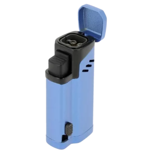 Briquet Vector Empire bleu mat ouvert en vue trois quarts – Accessoire à cigares haut de gamme chez A La Civette