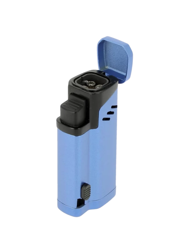 Briquet Vector Empire bleu mat ouvert en vue trois quarts – Accessoire à cigares haut de gamme chez A La Civette
