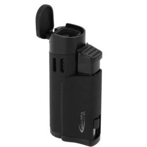 Briquet Vector Throne crackle noir mat ouvert en vue trois quarts – Accessoire à cigares de prestige chez A La Civette