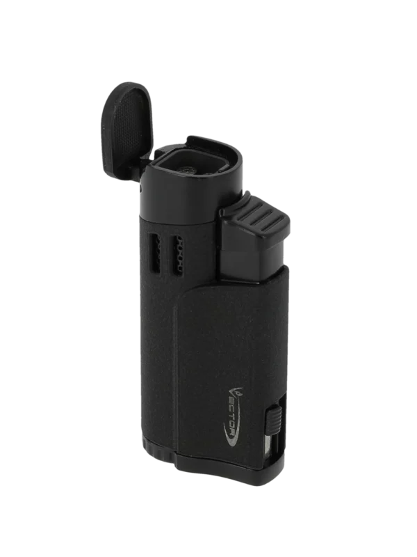Briquet Vector Throne crackle noir mat ouvert en vue trois quarts – Accessoire à cigares de prestige chez A La Civette