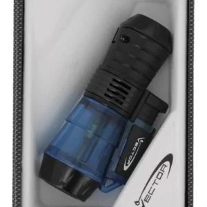 Briquet Vector Triforce bleu transparent dans sa boîte – Accessoire à cigares premium chez A La Civette