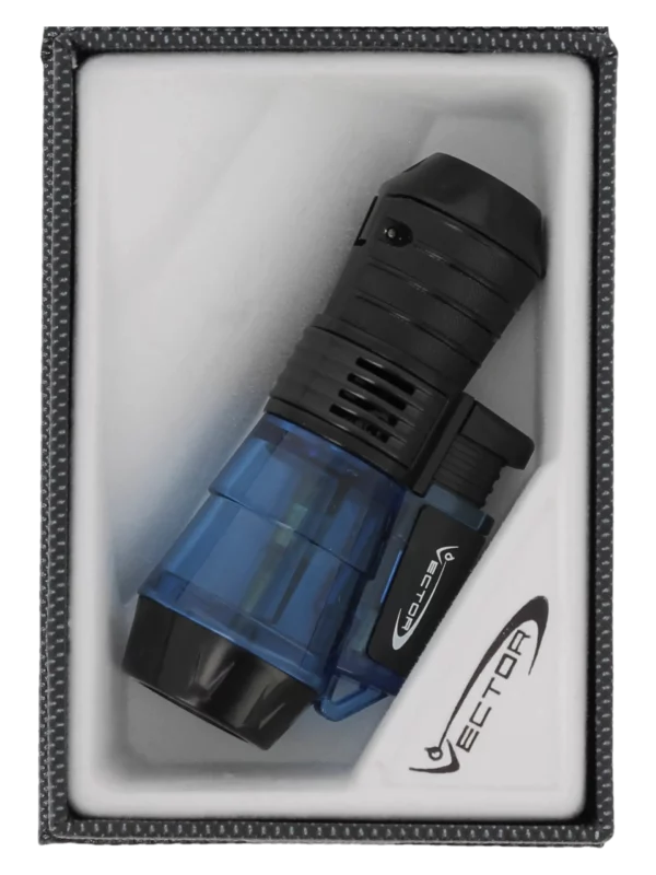 Briquet Vector Triforce bleu transparent dans sa boîte – Accessoire à cigares premium chez A La Civette