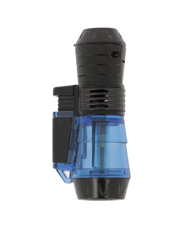 Briquet Vector Triforce bleu transparent vu de dos – Accessoire à cigares disponible chez A La Civette