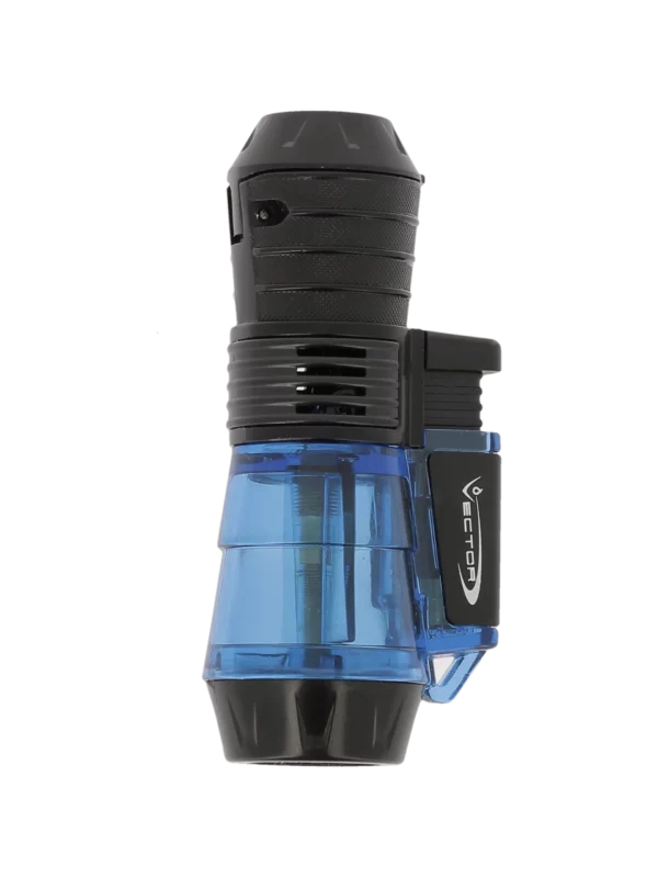 Briquet Vector Triforce bleu transparent vu de face – Accessoire à cigares design chez A La Civette
