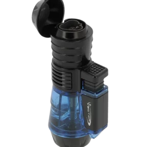 Briquet Vector Triforce bleu transparent en vue trois quarts – Accessoire à cigares de luxe chez A La Civette
