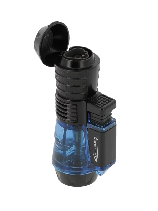 Briquet Vector Triforce bleu transparent en vue trois quarts – Accessoire à cigares de luxe chez A La Civette