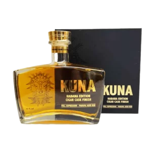 Rhum Kuna Habana édition Cigar Cask Finish – boîte et bouteille vues de face – A La Civette Paris