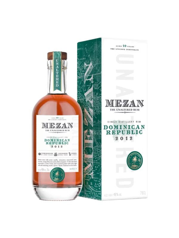 Rhum Mezan Dominican Republic millésime 2012 – boîte et bouteille vues de face – A La Civette Paris