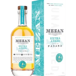 Rhum Mezan Panama Extra Anejo – boîte et bouteille vues de face – A La Civette Paris