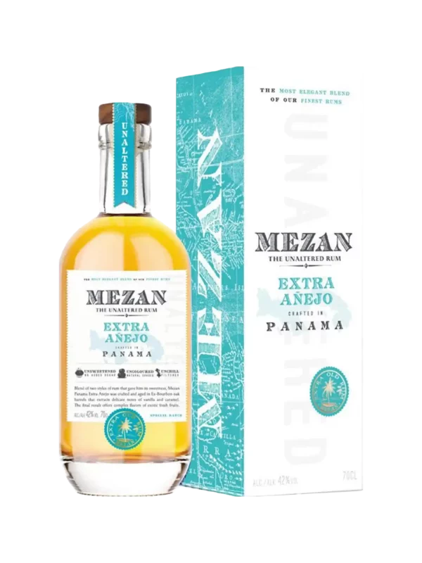 Rhum Mezan Panama Extra Anejo – boîte et bouteille vues de face – A La Civette Paris