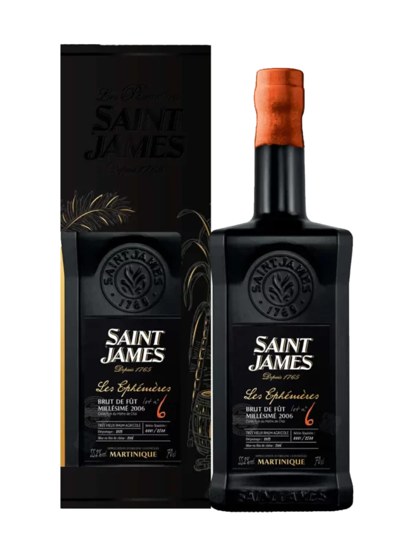 Rhum Saint James Les Ephémères n°6 Brut de Fût millésime 2006 – boîte et bouteille vues de face – A La Civette Paris