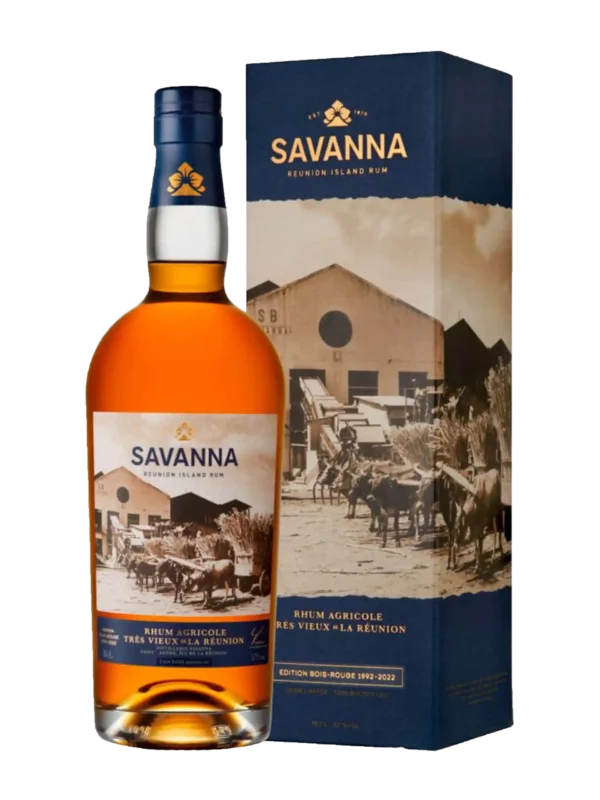 Rhum Savanna Édition Bois Rouge 1992 - 2022 – boîte et bouteille vues de face – A La Civette Paris