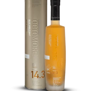 Whisky Octomore 14.3 – boîte et bouteille vues de face – A La Civette Paris