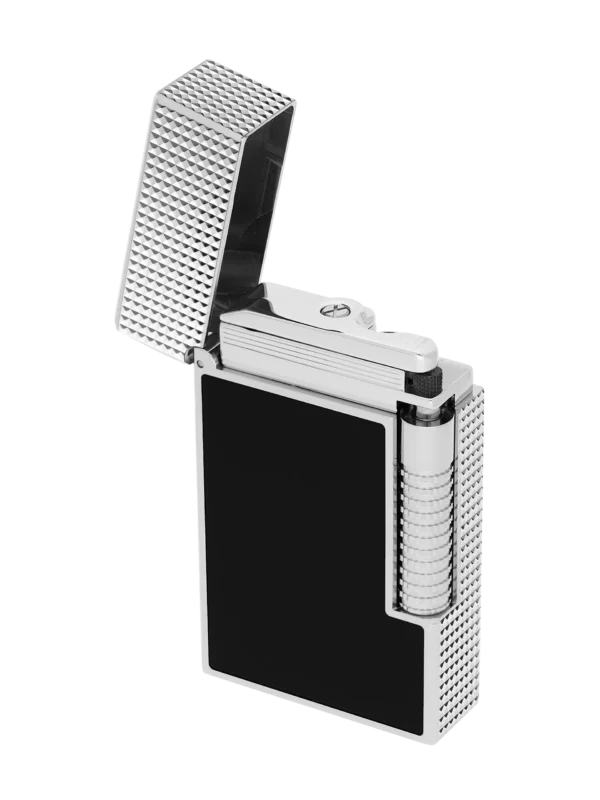 Briquet S.T. Dupont Le Grand Dupont Cling laque noir et palladium trois quarts ouvert – Briquet haut de gamme cigare