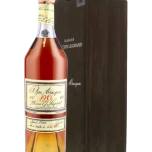 A La Civette vins et spiritueux Armagnac Baron Gaston Legrand 1986, boîte face et bouteille face
