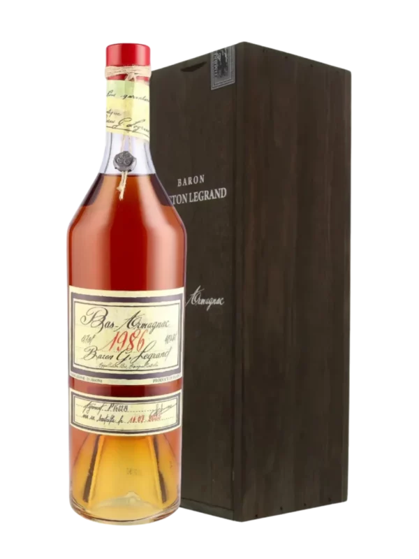 A La Civette vins et spiritueux Armagnac Baron Gaston Legrand 1986, boîte face et bouteille face