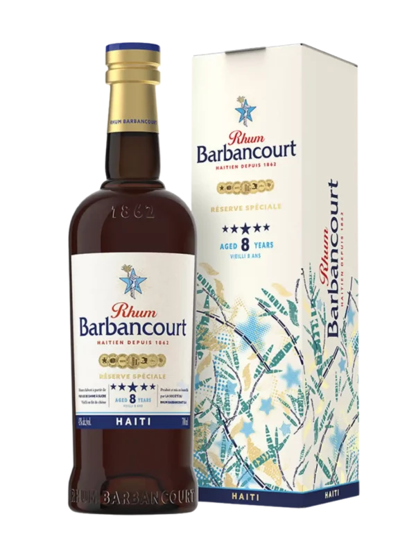 A La Civette vins et spiritueux Rhum Barbancourt 5 étoiles 8 ans boîte face et bouteille face