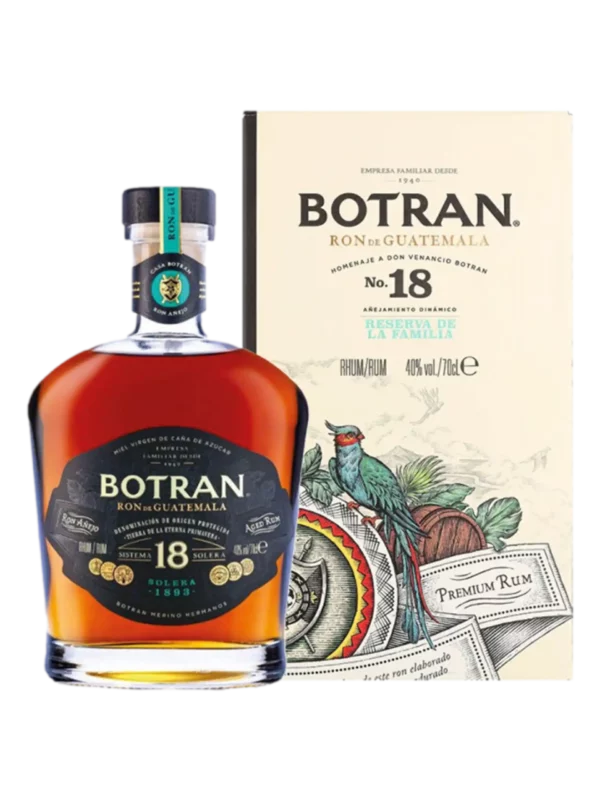 A La Civette vins et spiritueux Rhum Botran Solera 18 ans boîte face et bouteille face