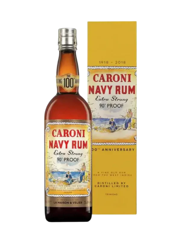 A La Civette vins et spiritueux Rhum Caroni Navy Rum 100th Anniversary boîte face et bouteille face