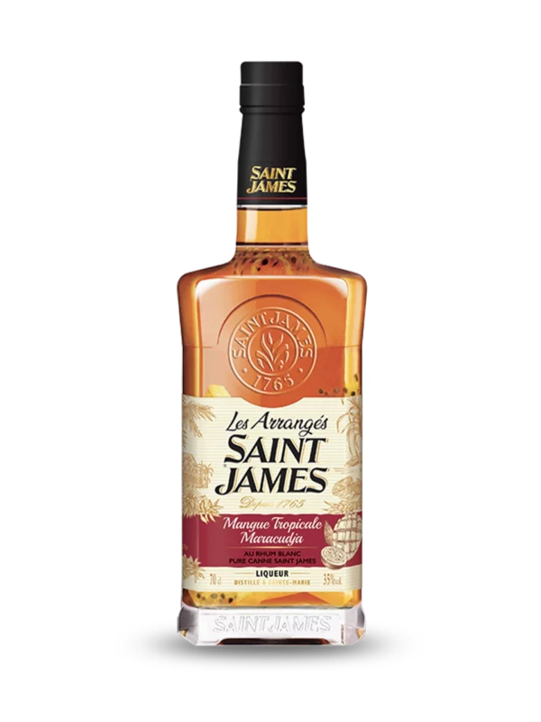 A La Civette Vins et spiritueux, rhum Saint James Les Arrangés mangue tropicale, bouteille face, spiritueux raffiné.