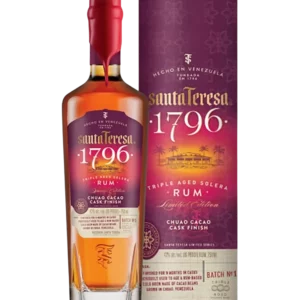 A La Civette Vins et spiritueux, rhum Santa Teresa 1796 Chuao cacao cask finish, boîte face et bouteille face, spiritueux de prestige.