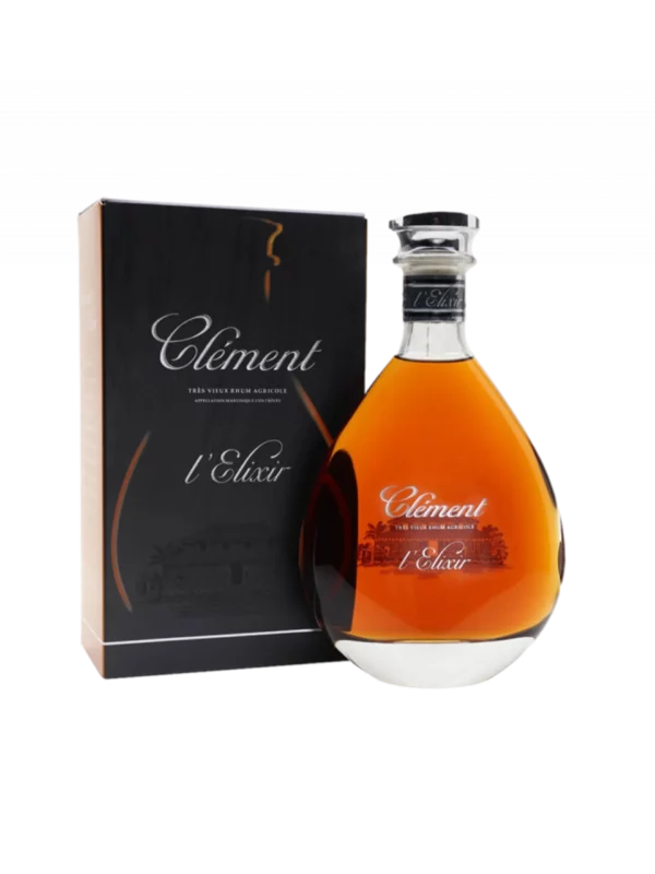 A-La-Civette-Vins-et-spiritueux-Rhum-Clement-L-elixir-boite-face-bouteille-face A La Civette Vins et spiritueux, Rhum Clément L'Elixir, boîte face et bouteille face, spiritueux haut de gamme.