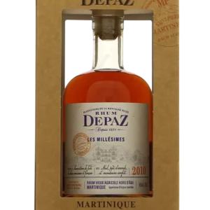 A La Civette Vins et spiritueux, Rhum Depaz Les millésimes 2010, boîte et bouteille face, spiritueux de prestige.