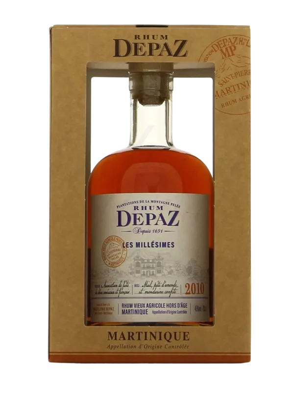 A La Civette Vins et spiritueux, Rhum Depaz Les millésimes 2010, boîte et bouteille face, spiritueux de prestige.