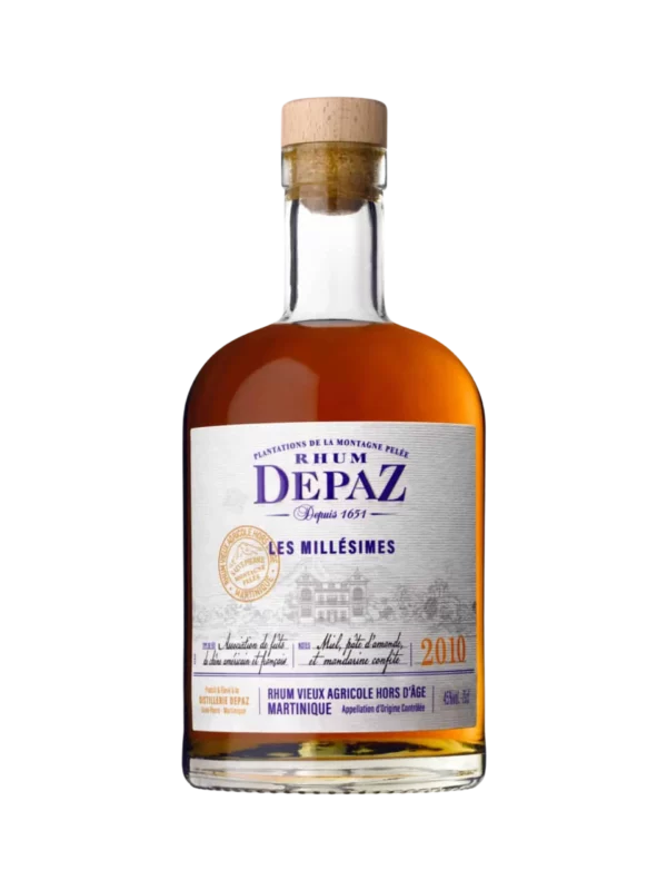 A La Civette Vins et spiritueux, Rhum Depaz Les millésimes 2010, bouteille face, spiritueux de prestige.
